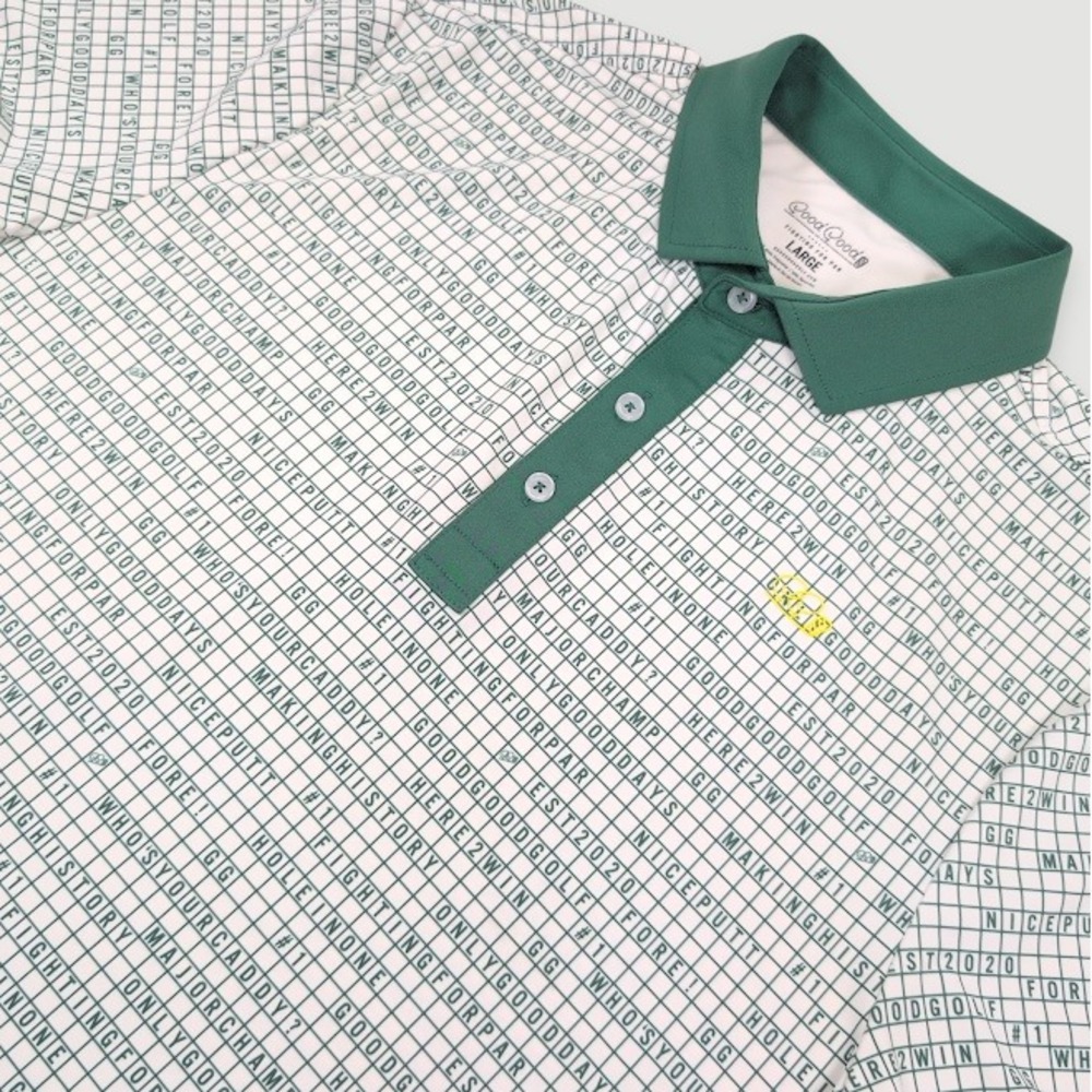 Good Good Golf Leader Board Polo Shirt Men Large White Green Crossword Print